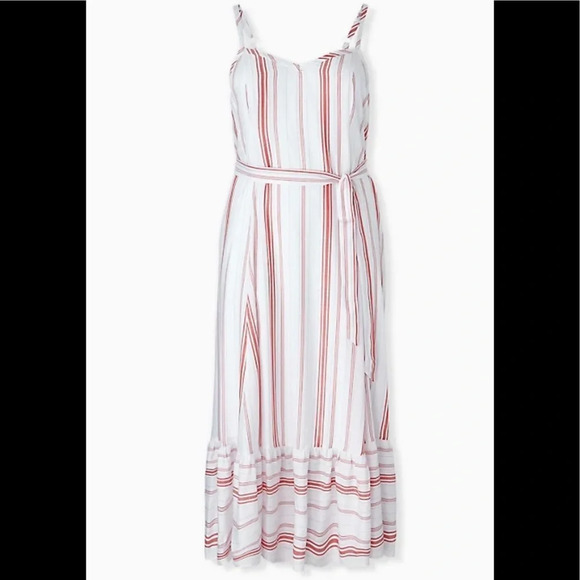 TORRID RED & WHITE STRIPE SHIRRED HEM FLOWY MAXI DRESS SZ 00 10/12 plus size - Picture 1 of 6